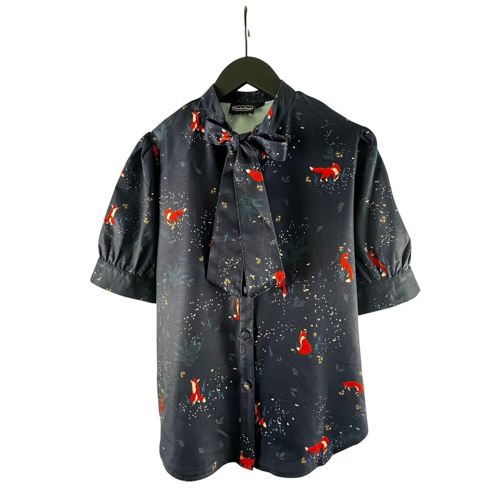 Voodoo Vixen Navy Blue Red Fox Print Bow Tie Blouse Size L